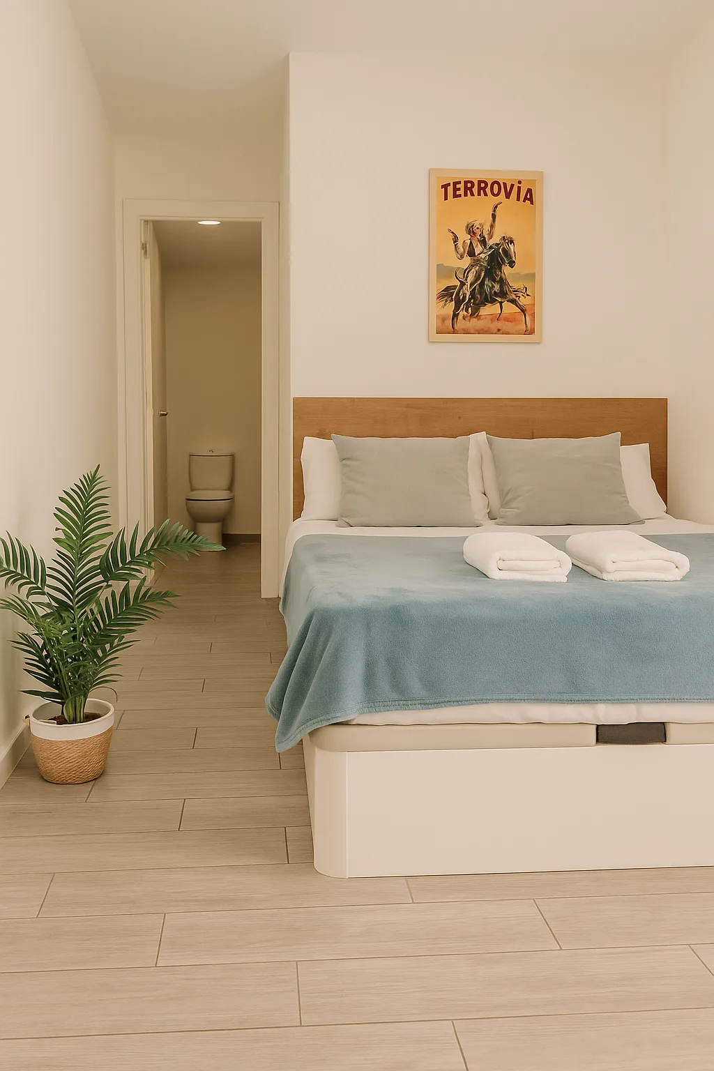 Dormitorio de Suite 1A en Suites Hawkins, con textiles azules y tonos claros